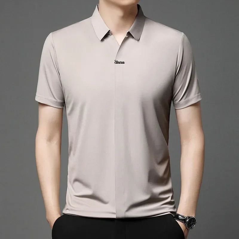 High End Mulberry Silk T-shirts Man Long Sleeve Tops Business Casual Elastic Non-iron Seamless Quality Luxurious Men Polo Shirts