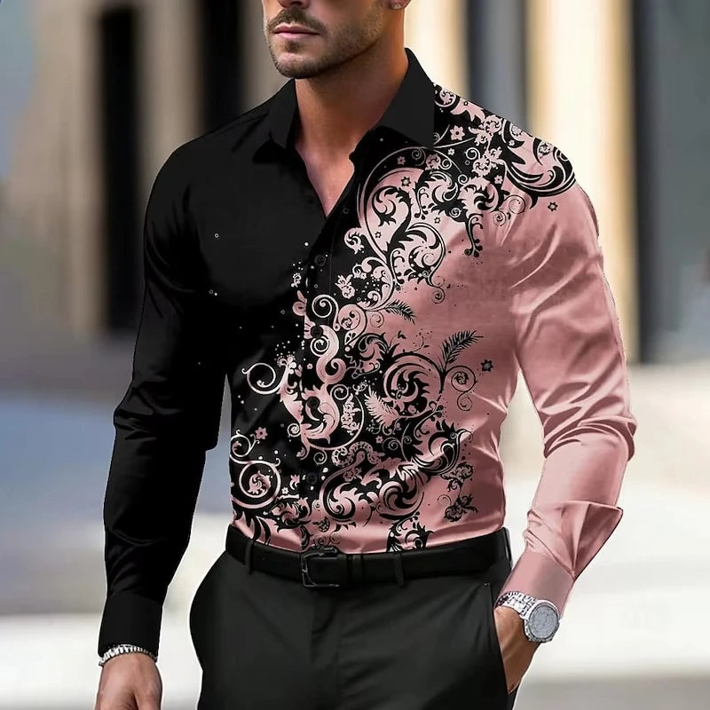 Men'S Stylish Red Floral Print Dress Shirt - Casual Long Sleeve Button-Up Design Spring Fashion Shirt Floral Print Shirt