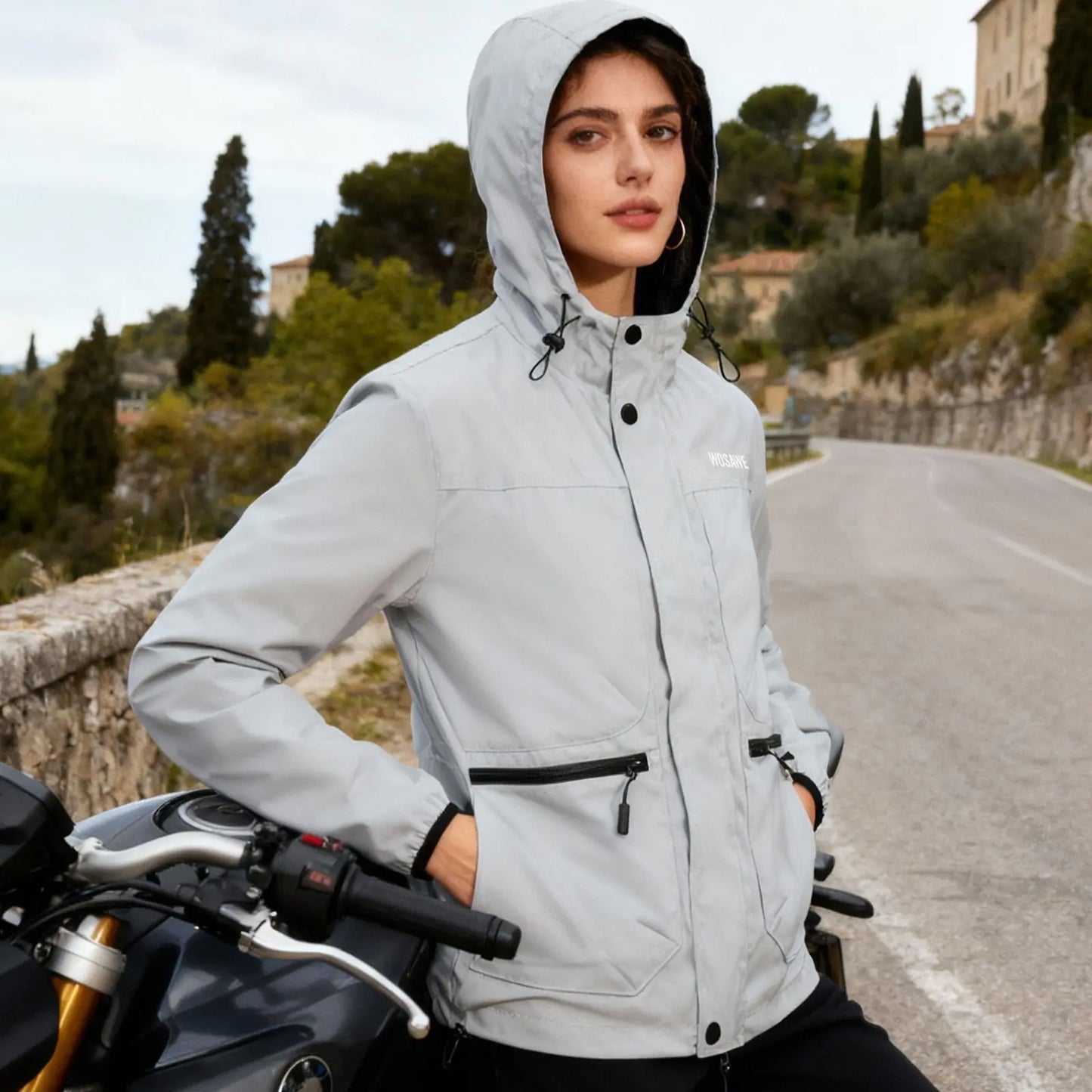 WOSAWE Motorcycle Riding Full Reflective Hooded Jacket, Hiking Night Riding Night Running Charge Carry-on Sports Jacket