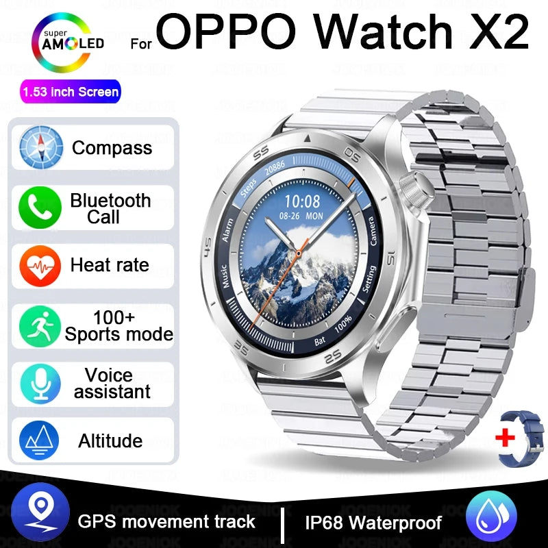 2025 New OPPO X2 Smart Watch Men's GPS Sports IP68 Waterproof Compass Heart Rate Blood Oxygen Bluetooth Call Smartwatches IOS