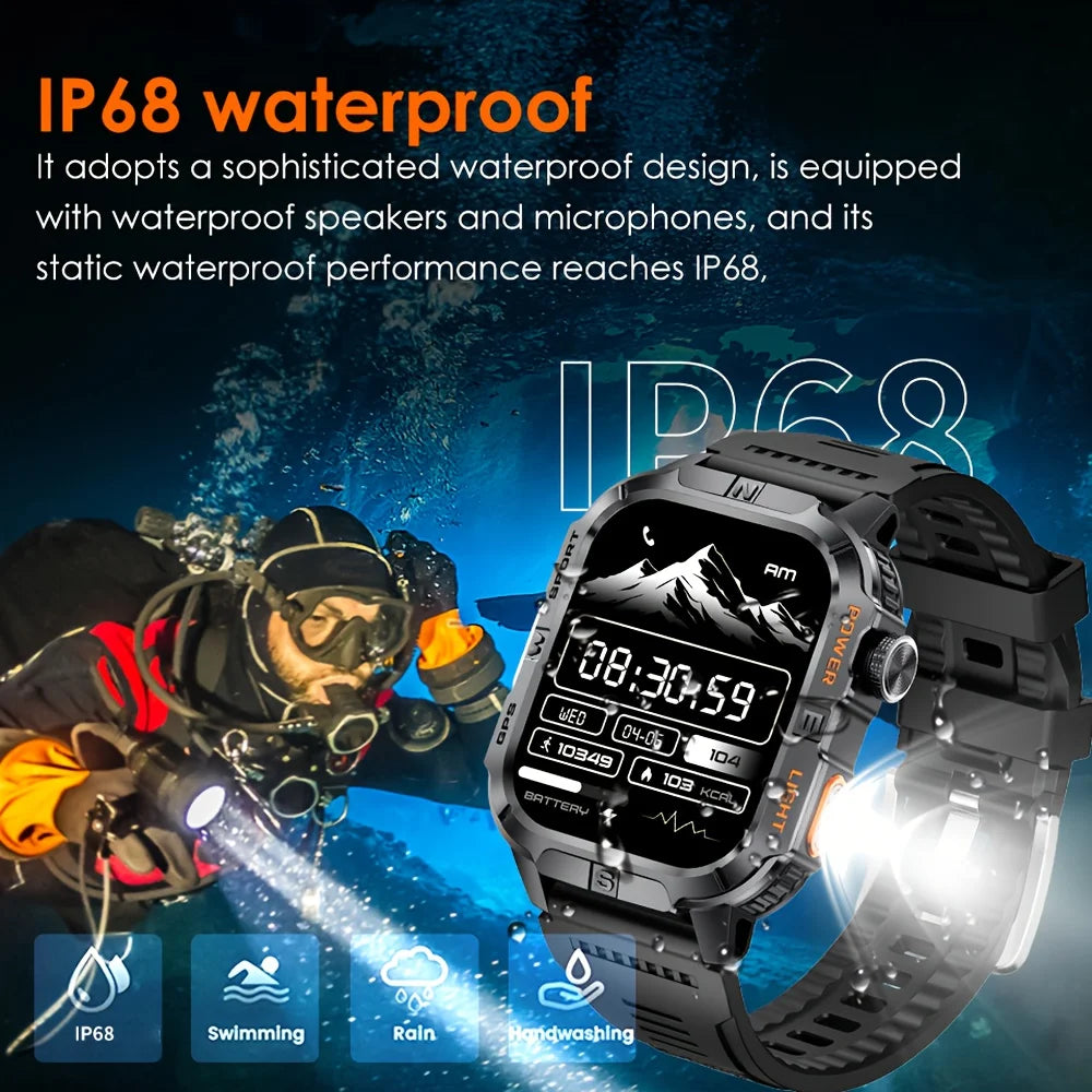 2026 New Outdoor Military Men's Smartwatch Is Equipped With GPS LED Lighting, A Compass, Wireless Communication, IP68 Waterproof