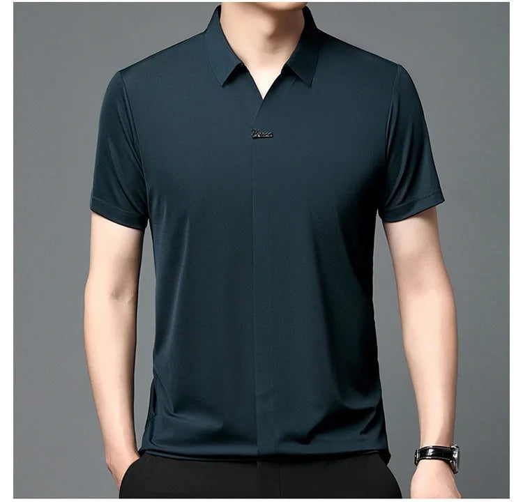 High End Mulberry Silk T-shirts Man Long Sleeve Tops Business Casual Elastic Non-iron Seamless Quality Luxurious Men Polo Shirts