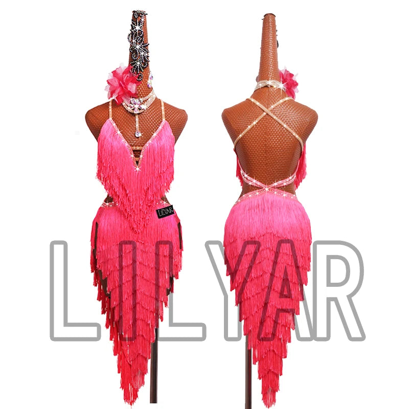 New professional Latin Dance Performance Competition Dress Adult Women Sparkling Pink Tassel Backless Dance Dress