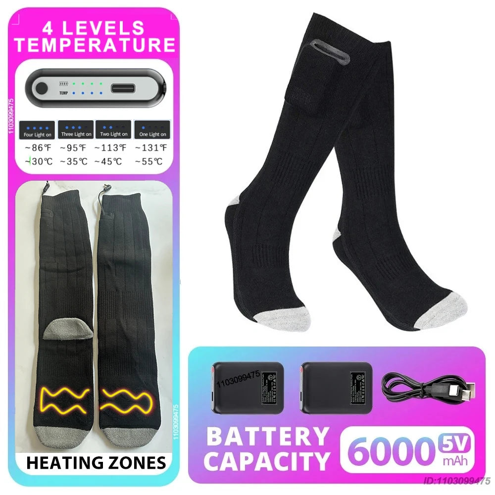 New Heated Socks Rechargeable 6000mah Electric Heated Skiing Socks Snowboarding Outdoor Sports Foot Warmer Winter Thermal Socks