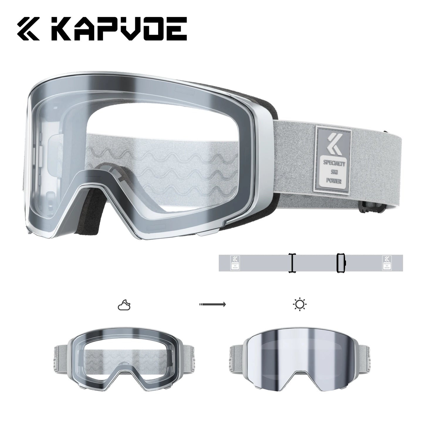 KAPVOE Outdoor Photochromic Ski Goggles Winter Snow Sports for Unisex Snow Glasses UV400 Anti-fog Magnetic Snowboard Glasses