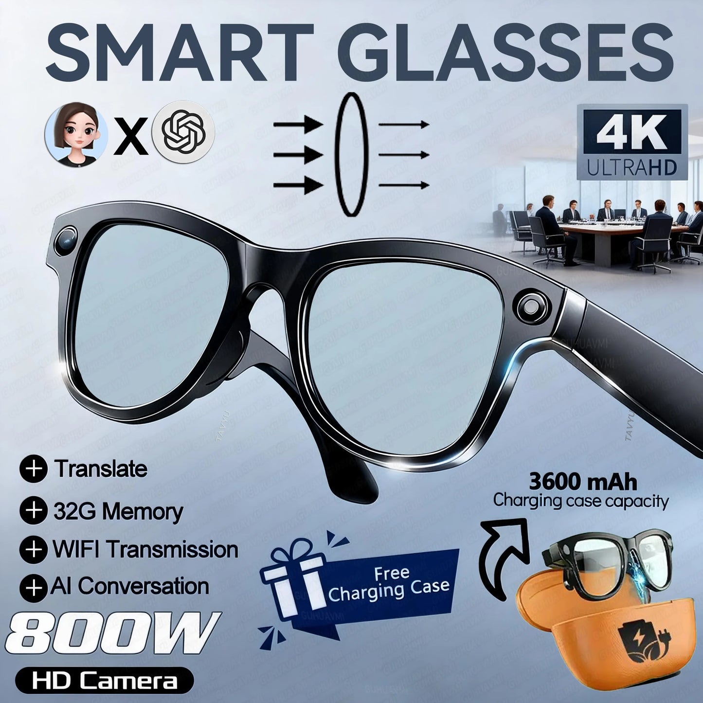 2026New 800W 4K Camera Smart Glasses Men 3600mAh Power Real-timeTranslation Bank 32GB Photo Record Videos Music Sunglasses Women