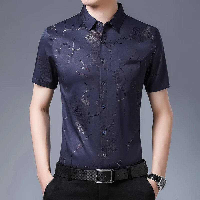 New Men's Casual Printed Short Sleeved Lapel Shirt for Summer Fashion Comfort No Ironing Wrinkle Resistant Top