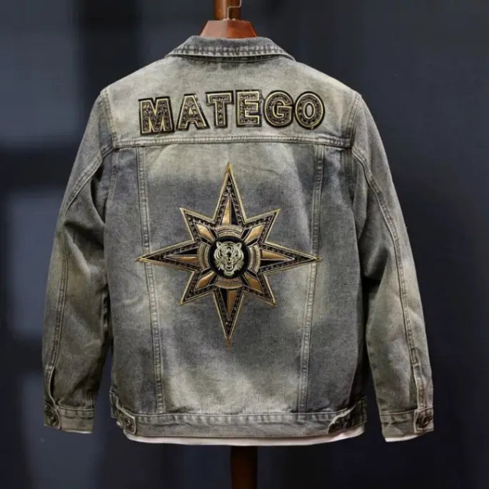Faionable Retro Motorcycle Jaet Men's Light Colored Embroidered Denim Coat Sli Casual Cotton Polyester Blend Outerwear