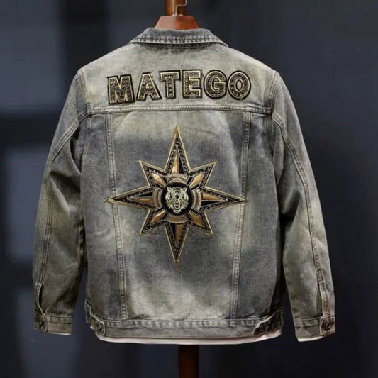 Faionable Retro Motorcycle Jaet Men's Light Colored Embroidered Denim Coat Sli Casual Cotton Polyester Blend Outerwear