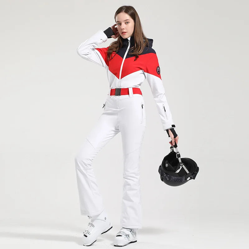 Women One Piece Ski Suit Winter Snowboard Jumpsuit Waterproof Windproof Thicken Hooded Outdoor Sport Wear for Mountain Hiking