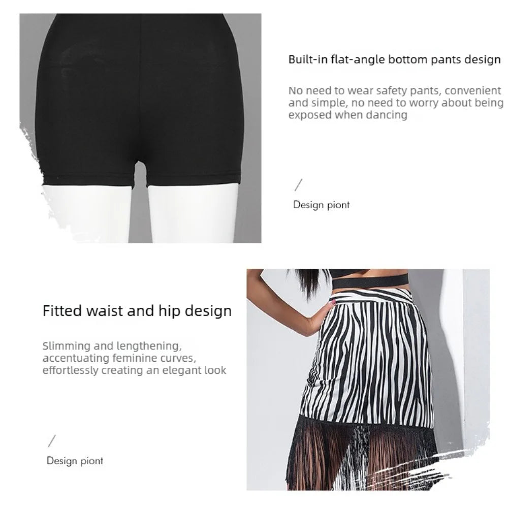 Women Latin Dance Skirt Asymmetrical Cross Hem Fringe Short Skirt Salsa Practice Performance