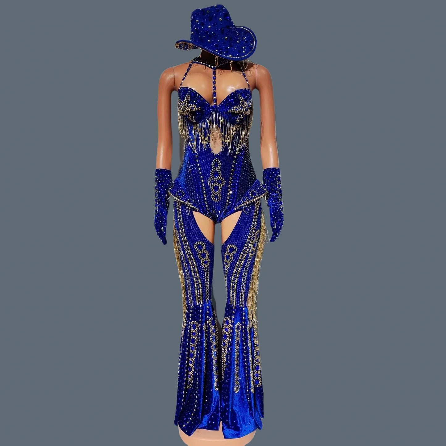 Women Sparkly Rhinestone Bodysuit 4Pieces Set Night Party Cowboy Show Outfit Cabaret Carnival Showgirl Sexy Jumpsuit Hongding