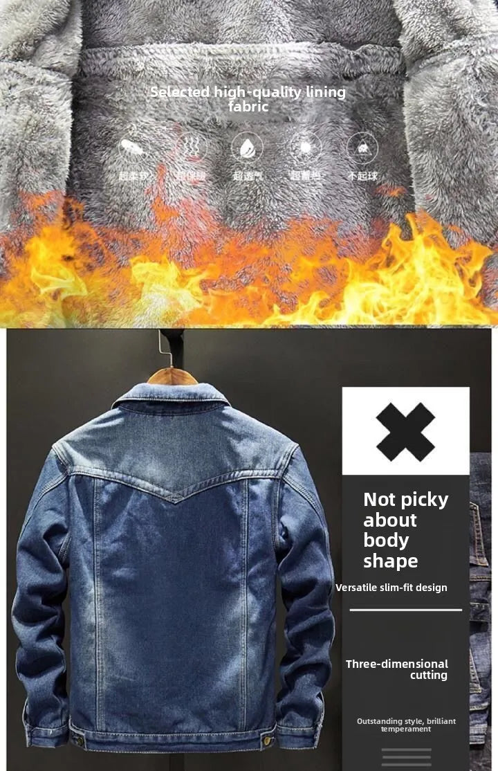 Men's Denim Cotton Jaet Fce Lined Thi Warm Outerwear Korean Sle Versatile Student Jaet Top Trendy Autumn Winter Coat