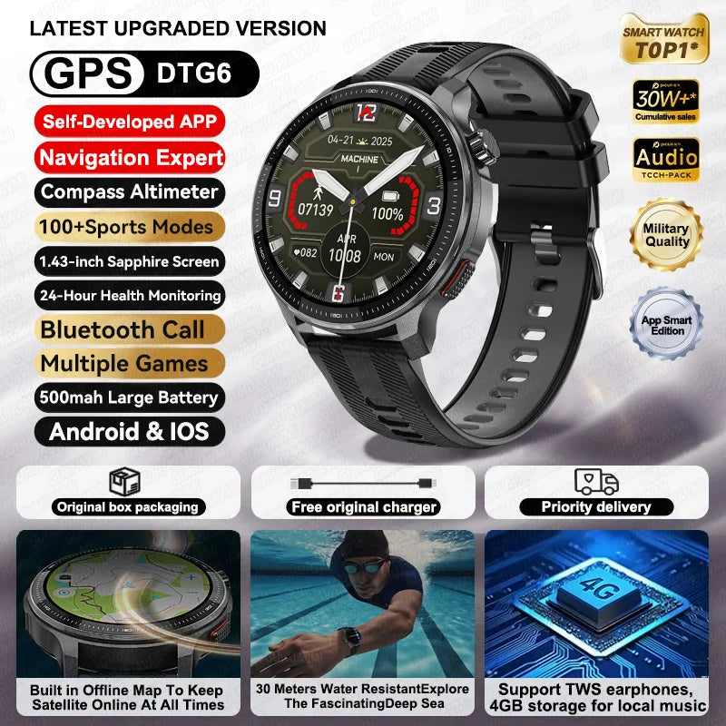2026NEW GPS Offline Maps Sport Smart Watch Men 4GB Memory Music Video Player AMOLED 3D Menu Style Swim Waterproof Smart Bracelet