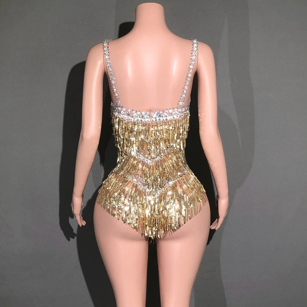 Sparkly Rhinestones Fringes Bodysuit Women Sexy See Through Party Outfit Performance Dance Costume Singer Dancer Show Stage Wear