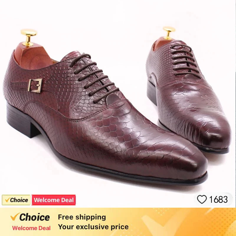 Mens Handmade Leather Dress Shoes Business Crocodile Pattern Oxford Formal Lace-Up Comfortable NonSlip Breathable Office Wedding