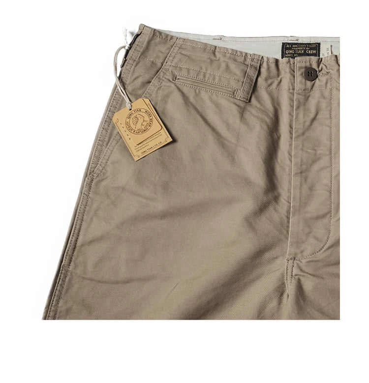 Qingtian Twill Chino Pants Vintage Workwear Men's Amekaji Khaki Trousers Loose Straight Leg