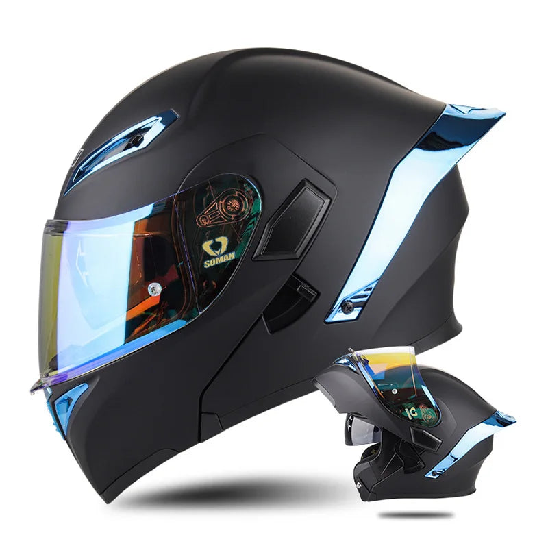 DOT Approved Men's Motorcycle Helmet Full Face Helmet with Double Visor Flip Up Motocross Helmet Four Seasons Universal