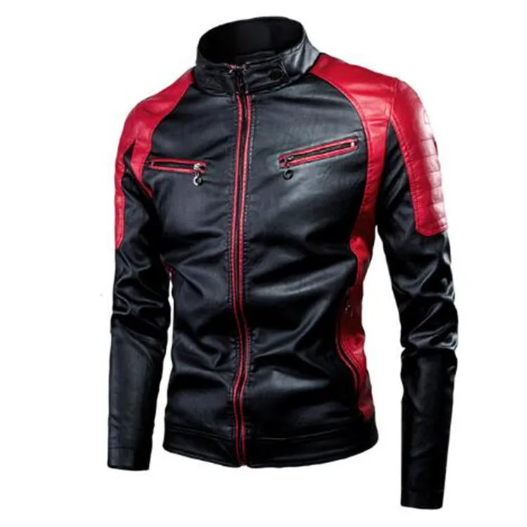 Men's Casual Biker PU Leather Jacket New 2025 Fashion Color Block British Style Motorcycle Jacket Men's Clothing Outerwear