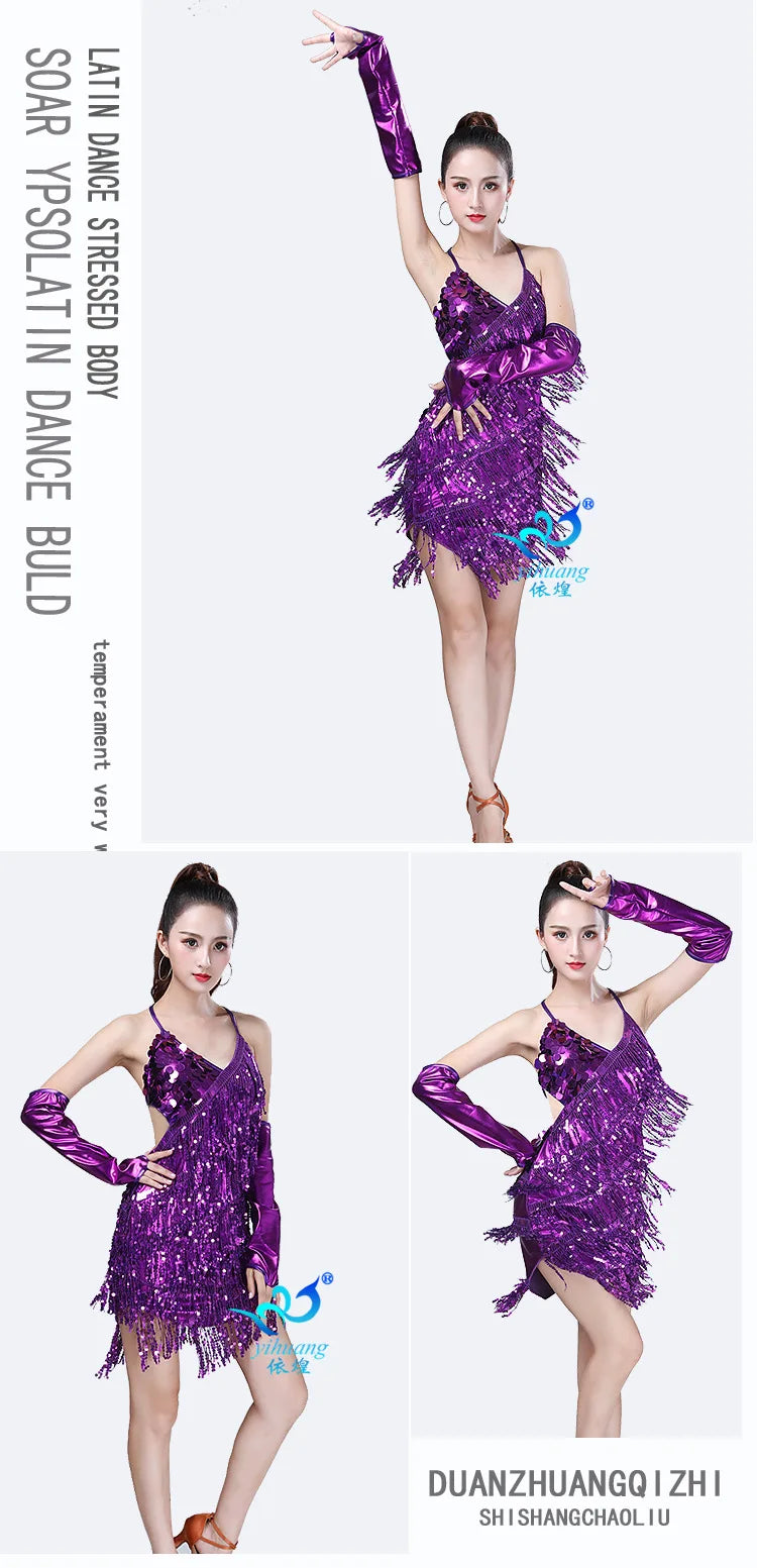 1pcs/lot woman sequin tassel latin dancing dress sexy latin dress latin salsa dresses fringe dress