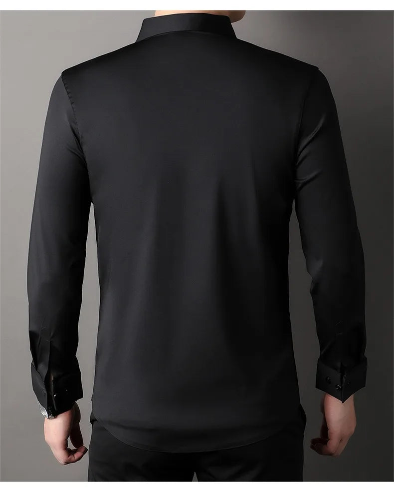 High end Mulberry Silk Dress Shirts Business Men Wrinkle Resistant Button Invisible Elastic Tops Luxurious Male Quality Clothing