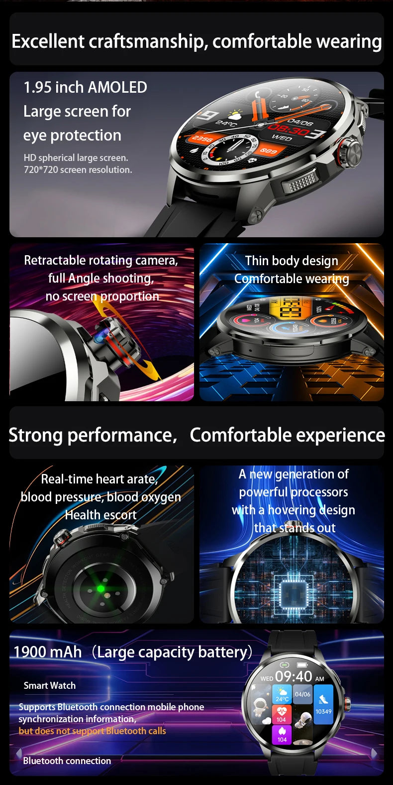 Original H99 Smart Watch Android Watches Amoled Smartwatch With 190° Rotary Camera Google Play Store 1.95inch Amoled Screen