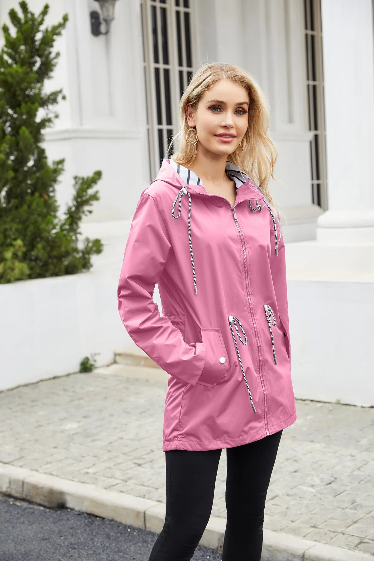 Red Waterproof Hooded Jacket, Women Fashion Casual Coat, Waist Drawstring Tie Zipper Switch Blue Green Yellow Black Windbreaker