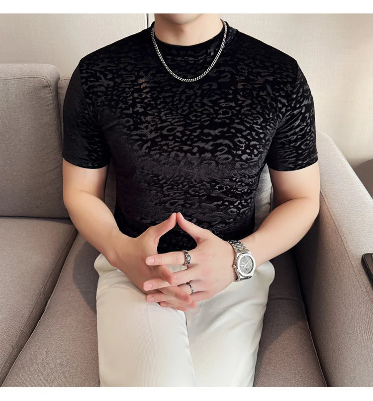 Men's T-Shirts Korean Fashion Gold Velvet Short Sleeve Mens Casual T Shirt Slim Fit Breathable Turtleneck Tee Shirt Homme 4XL-M