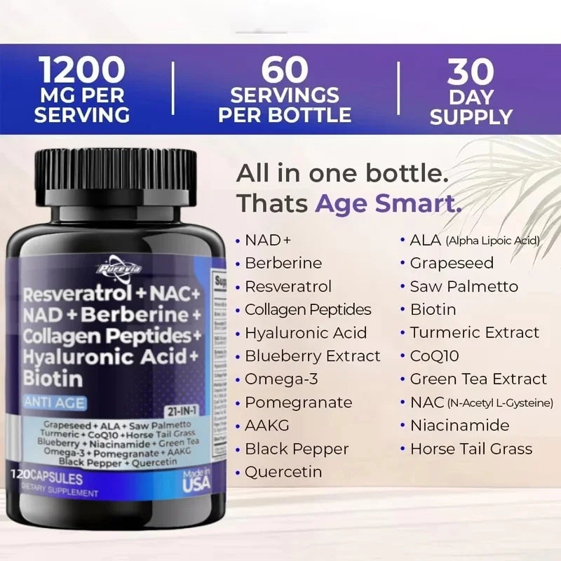 Resveratrol Nad Aspartate Hyaluronic Acid Grape And Blueberry Collagen Peptides Hair, Nail, Skin, And Joint Supplements Capsules