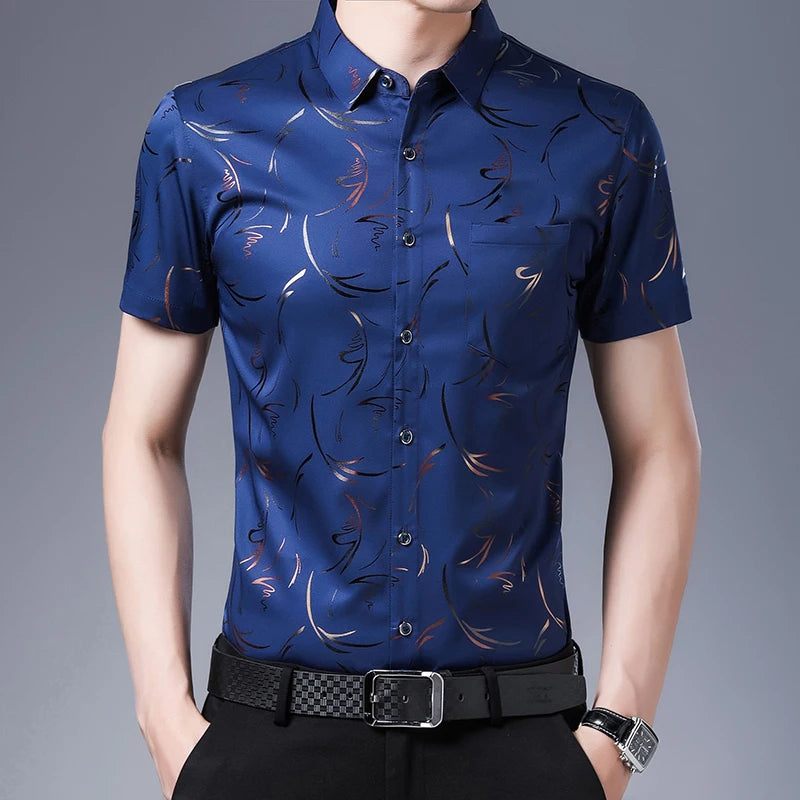 New Men's Casual Printed Short Sleeved Lapel Shirt for Summer Fashion Comfort No Ironing Wrinkle Resistant Top