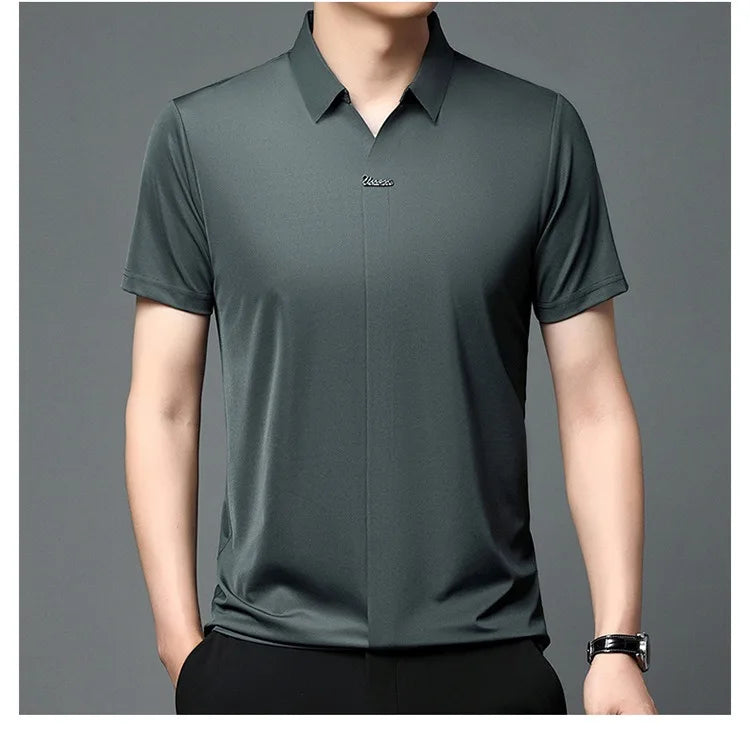 High End Mulberry Silk T-shirts Man Long Sleeve Tops Business Casual Elastic Non-iron Seamless Quality Luxurious Men Polo Shirts