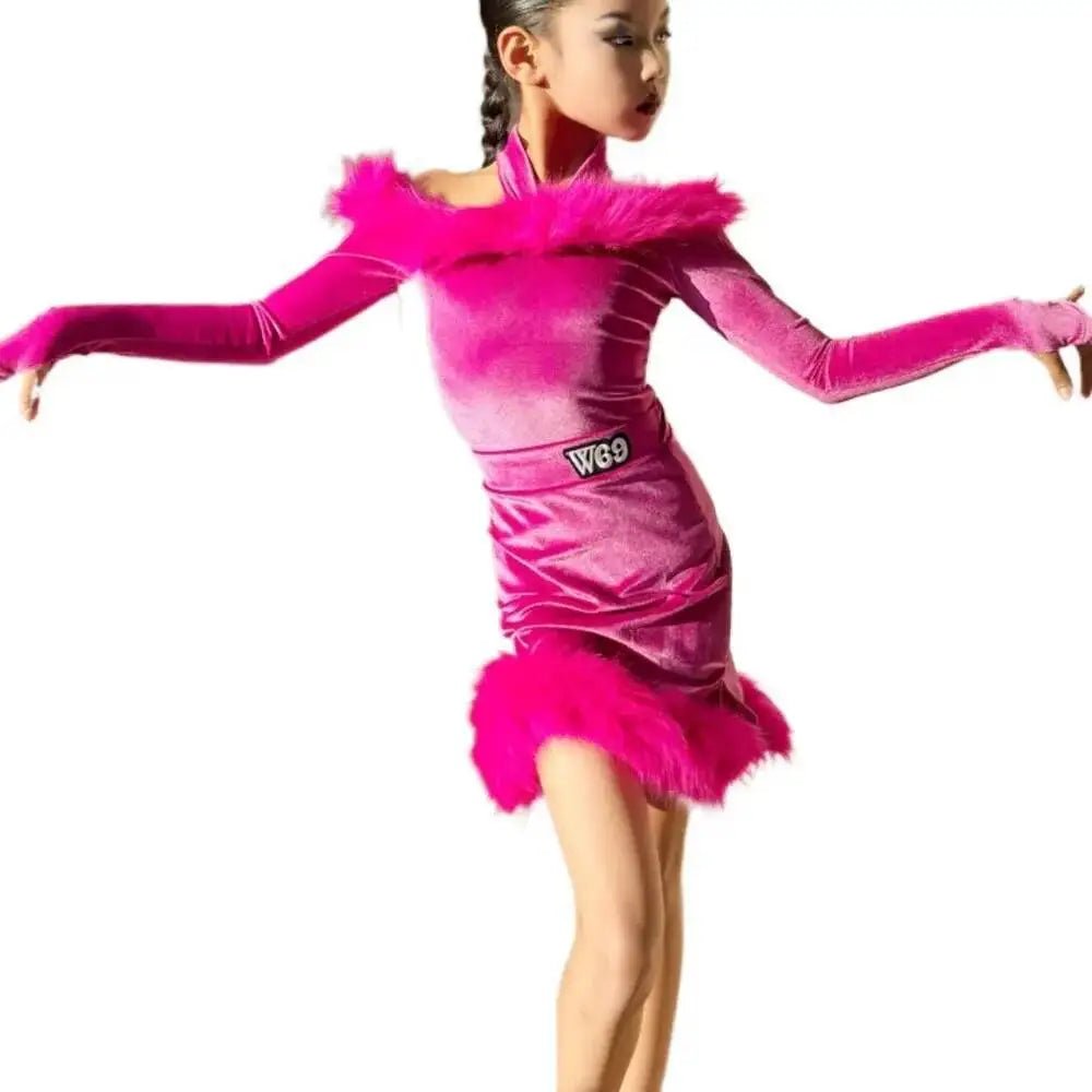 Latin american Dance velvet feather Long Dress Girls Kids Samba Salsa Cha Cha Rumba Tango Children Competition Ballroom Dresses