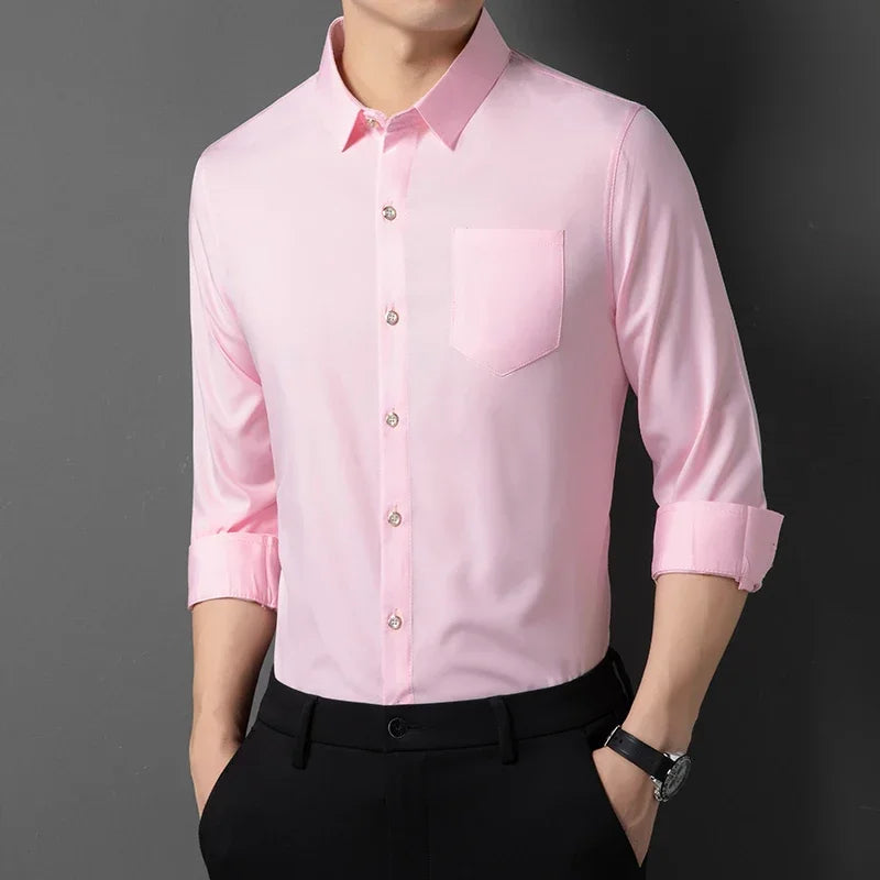 Men's New Casual and Fashionable Long Sleeved Shirt with Pockets Comfortable Wrinkle Resistant and Iron Free Collared Shirt