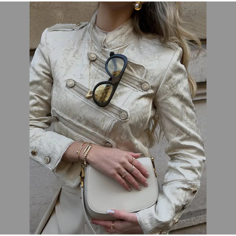 Unique Oblique Button Military Jacket Women Vintage Asymmetry Cropped Napoleon Jackets Lady New Fashion Street Spring Outwear