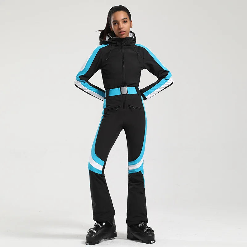 Women One Piece Ski Suit Winter Snowboard Jumpsuit Waterproof Windproof Thicken Hooded Outdoor Sport Wear for Mountain Hiking