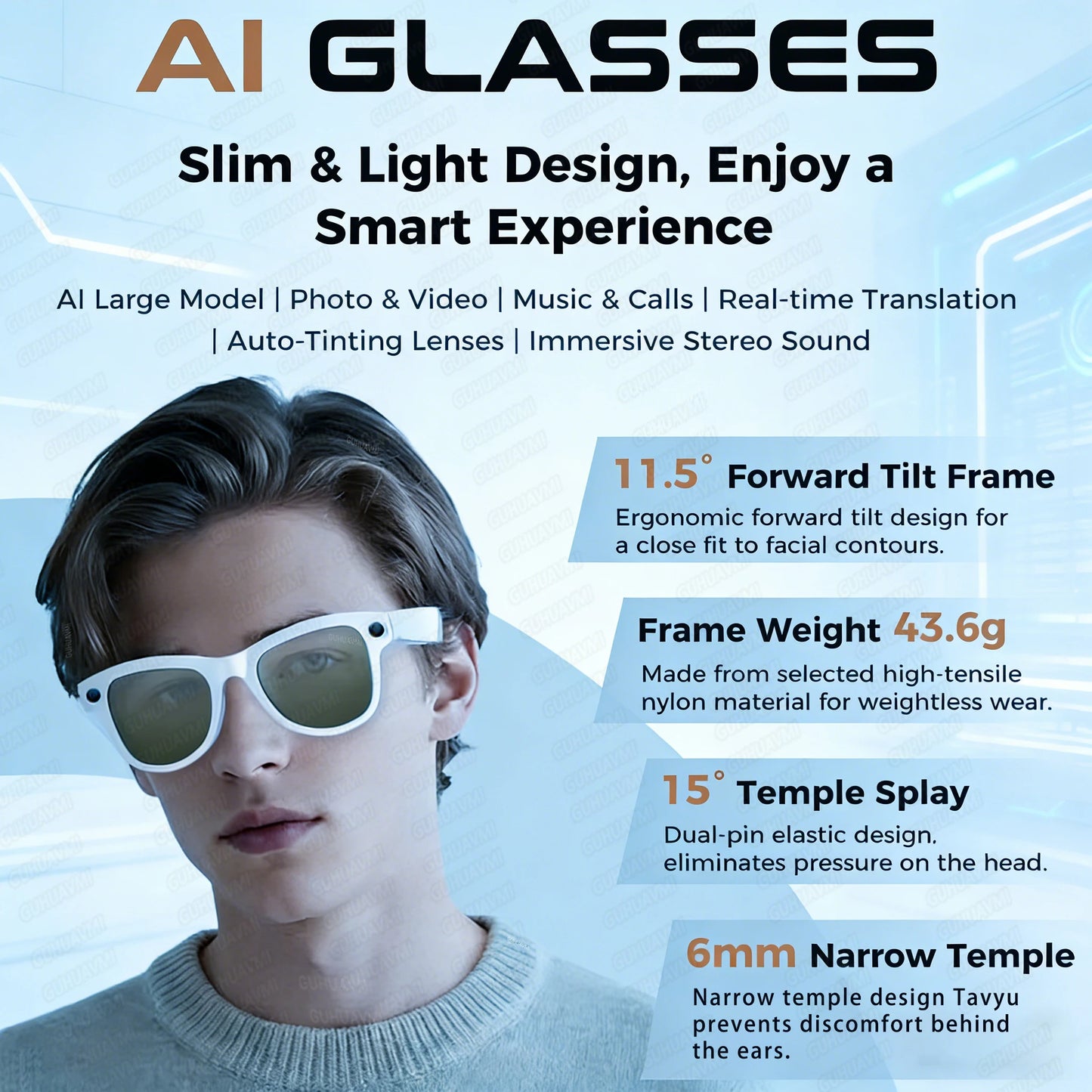 Bluetooth Camera Smart Glasses 4K 1296P Photo Video Open-Ear Dual Speakers Touch Button Control OTA APP 4GB Memory sunglasses