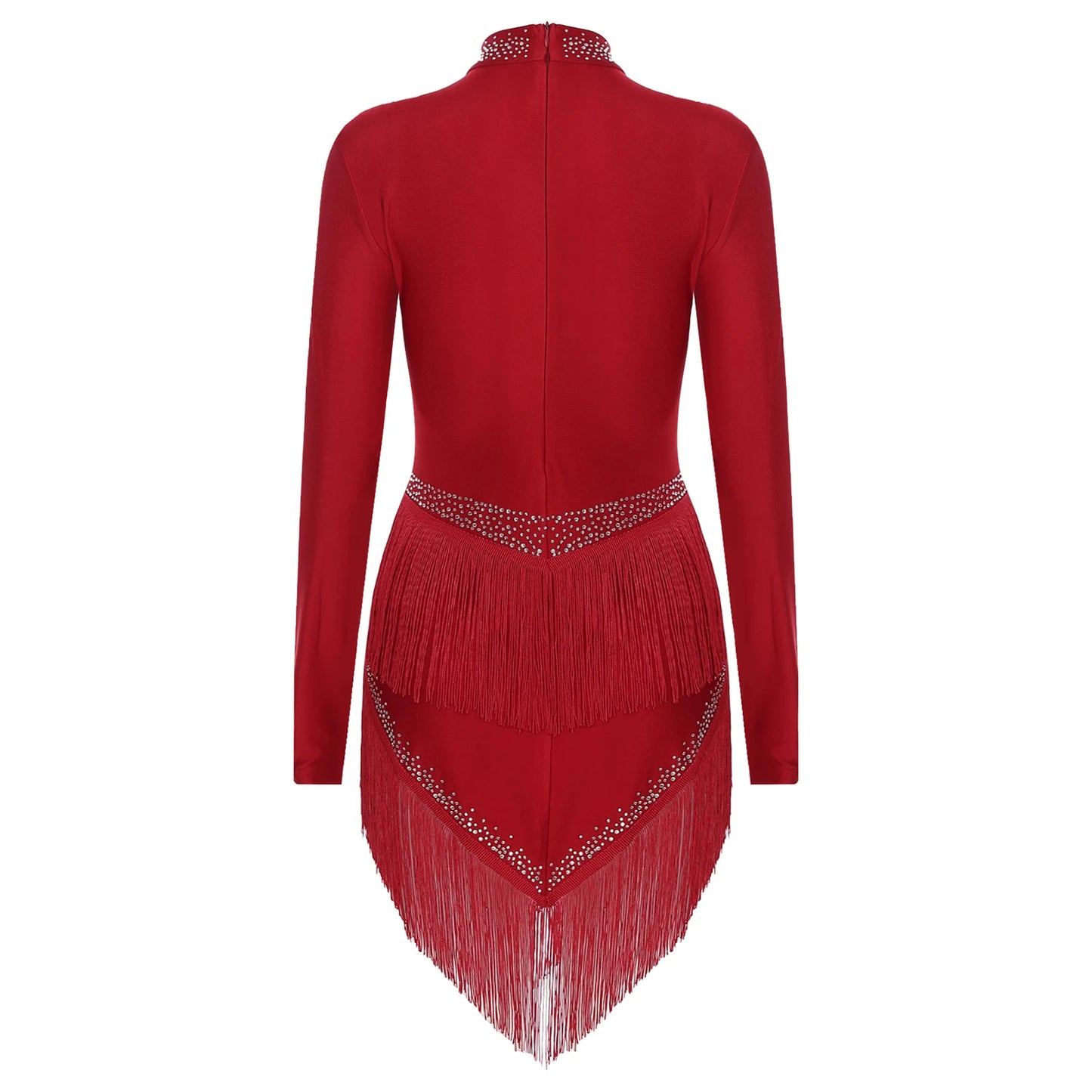 Womens Tassel Latin Tango Samba Dance Dresses Stage Performance Costume Long Sleeve Irregular Hem Shiny Rhinestones Dance Dress
