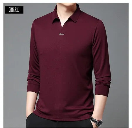 High End Mulberry Silk T-shirts Man Long Sleeve Tops Business Casual Elastic Non-iron Seamless Quality Luxurious Men Polo Shirts