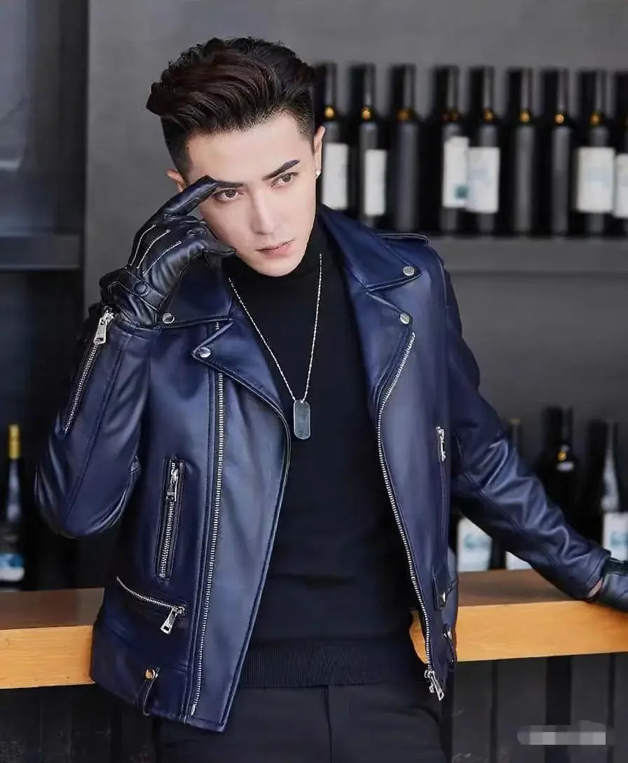 Men's Slim Fit PU Leather Jacket Fashionable Motorcycle Style Spring Autumn Korean Version Casual Outerwear Male Biker Coat