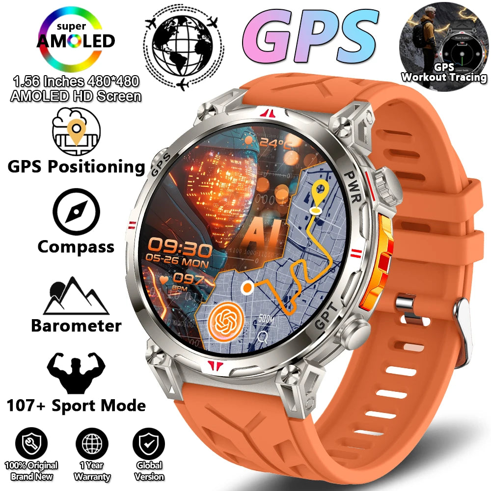 2026 New Outdoor Sports Smartwatch Men GPS Positioning 650mAh HD Call 1.56-inch AMOLED Screen Compass 5ATM Waterproof Watch Man