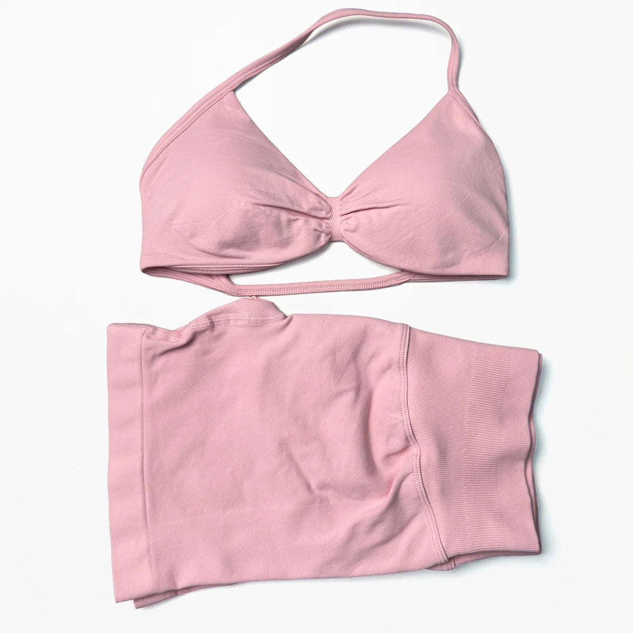 Seamless 2 Pieces Strappy Yoga Halter Bras Sets Scrunch Butt Sports Shorts Quick Dry Backless Gym Crop Tops with Pad Push Up Set
