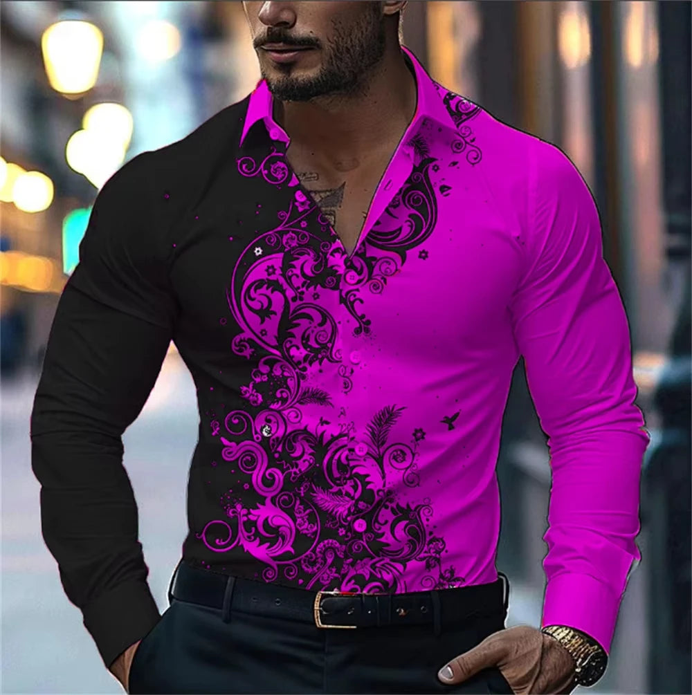 Men'S Stylish Red Floral Print Dress Shirt - Casual Long Sleeve Button-Up Design Spring Fashion Shirt Floral Print Shirt