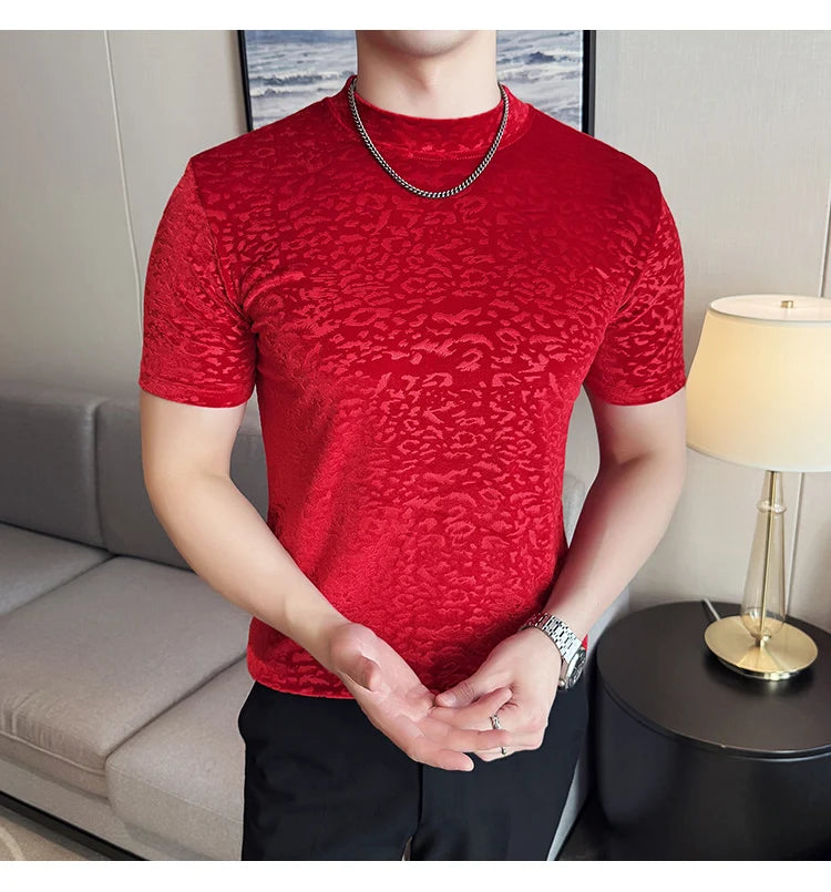 Men's T-Shirts Korean Fashion Gold Velvet Short Sleeve Mens Casual T Shirt Slim Fit Breathable Turtleneck Tee Shirt Homme 4XL-M