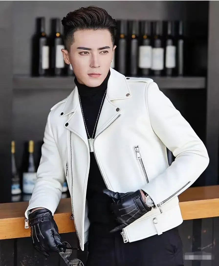 Men's Slim Fit PU Leather Jacket Fashionable Motorcycle Style Spring Autumn Korean Version Casual Outerwear Male Biker Coat