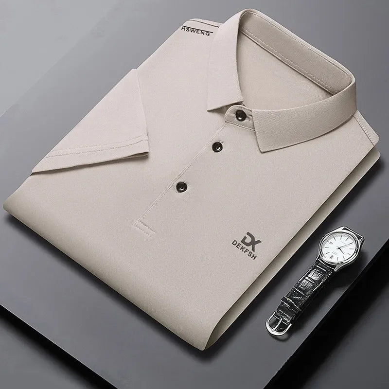 New Men's Business Casual Short Sleeved Shirt with Badge Solid Color Polo Shirt Fashionable Breathable Comfortable Versatile Top