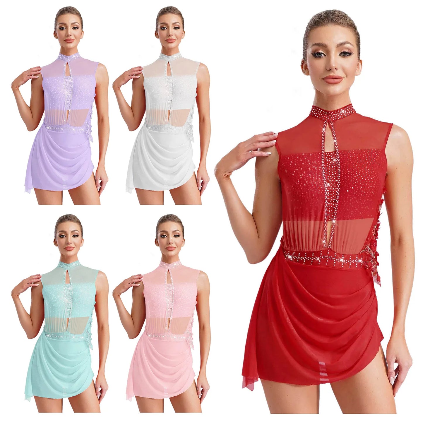 Women Lyrical Dance Dress Ballet Figure Skating Gymnastics Stage Performance Costume Sleeveless Rhinestones Applique Leotards