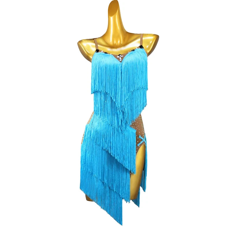 Fringe Latin Dance Dress for Women Competition Salsa Rumba Dancewear Costumes Sleeveless