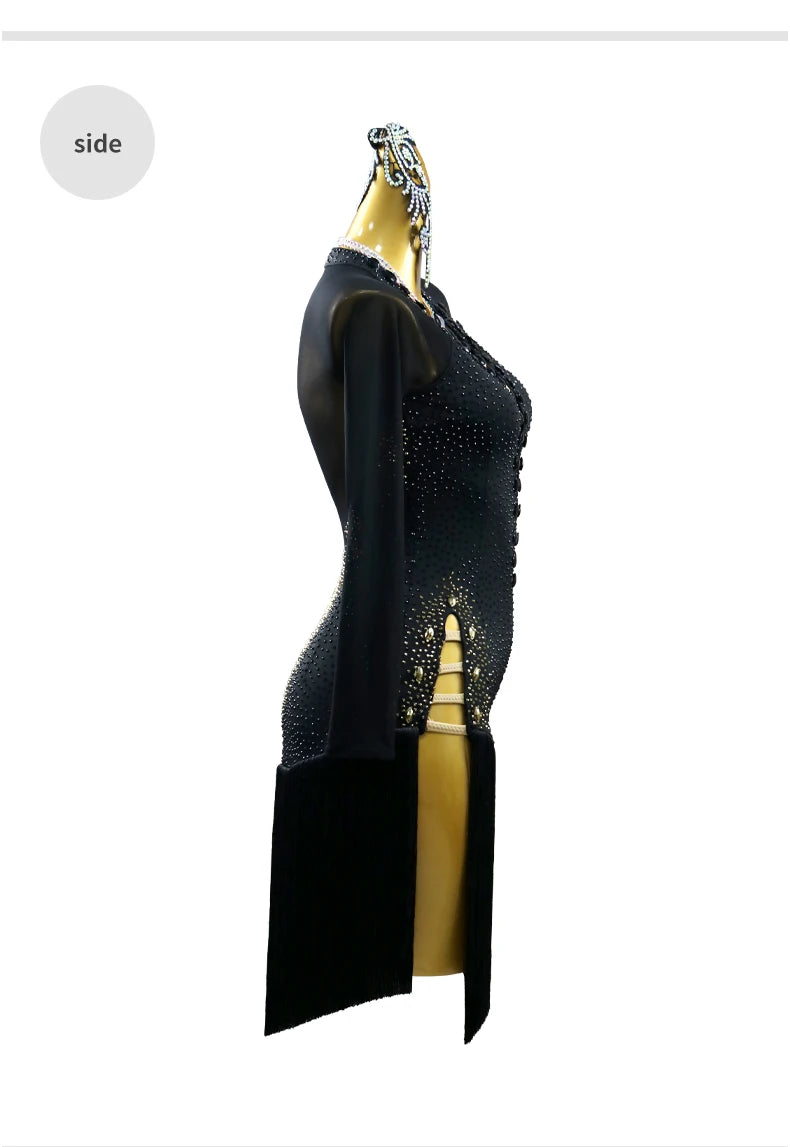 Black Latin Dance Dress Stage Clothes Women Costume Outfit Sport Line Wear Girls Prom Skirt Party Evening Female Suit Customized
