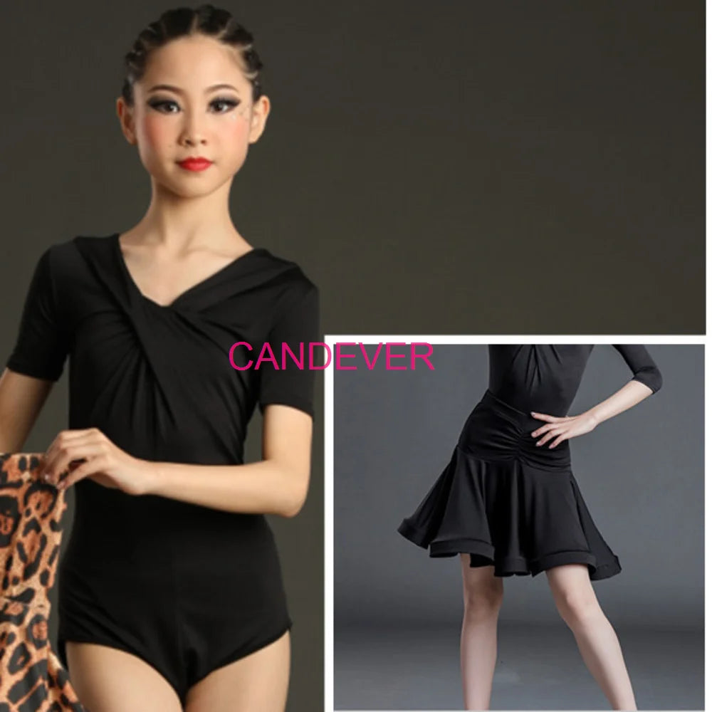 sexy Latin Dance Costume For Girls Ballroom Salsa Tango top Skirts Kids Child lace Leopard Latin Dance Split Dress Leotard Skirt