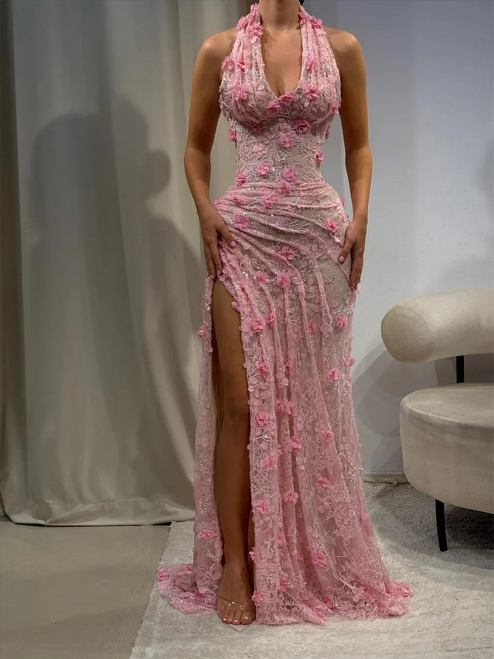 Cathy Customized Pink 3D Floral Lace Pleated Prom Dress Halter Neck Mermaid Side High Slit vestidos de noiva Floor-length Formal